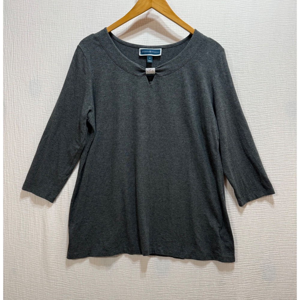 Karen Scott 3/4 Sleeve Top Womens‎ Medium Gray Scoop Neck Hardware Accent Office